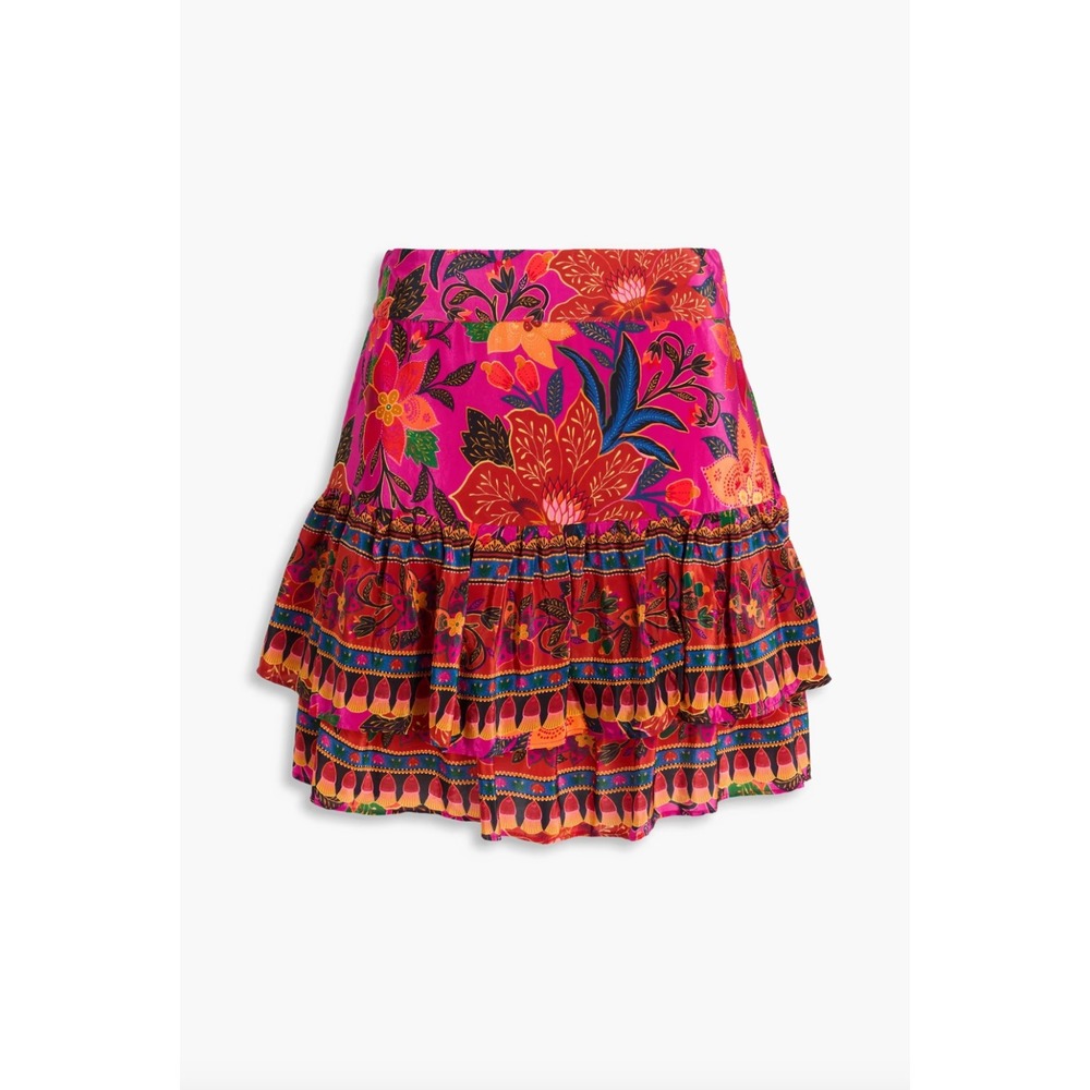 FARM RIO Tiered Printed Satin Floral Tropical Mini Skirt
